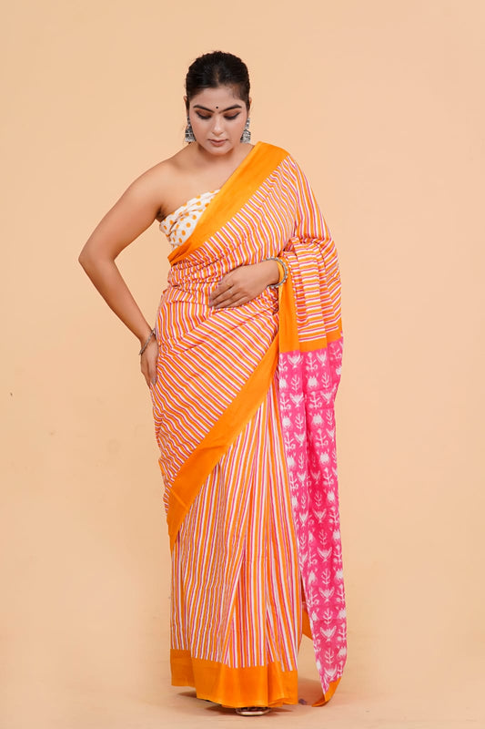 Orange Mulmul Cotton Saree 