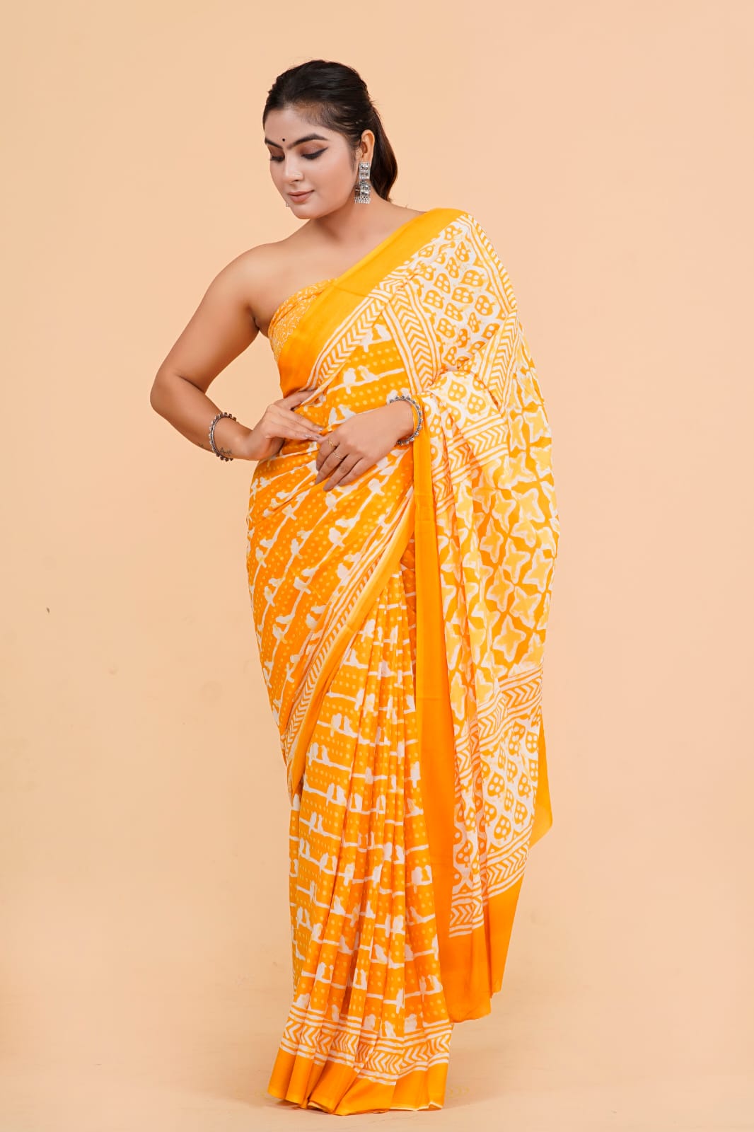 Orange Mulmul Cotton Saree