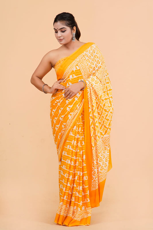 Orange Mulmul Cotton Saree