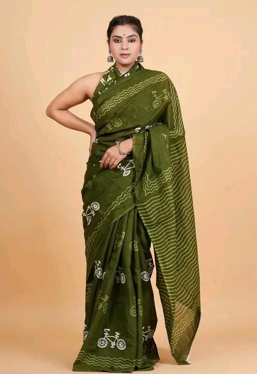 Olive Green Mulmul Cotton Saree