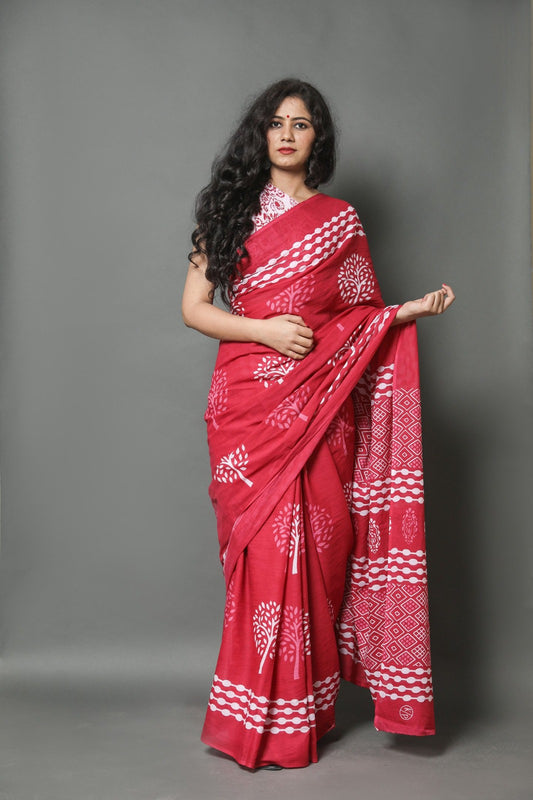 Reddish Pink Mulmul Cotton Saree