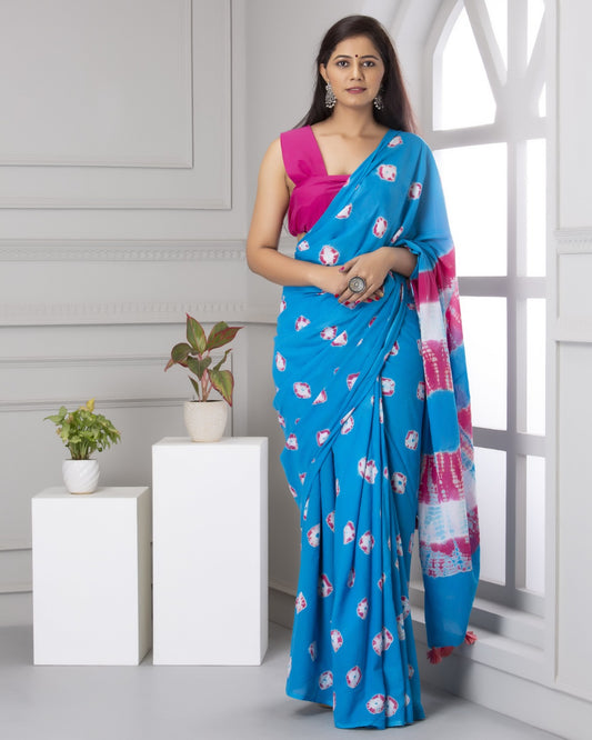 Caribbean Blue Mulmul Cotton Saree