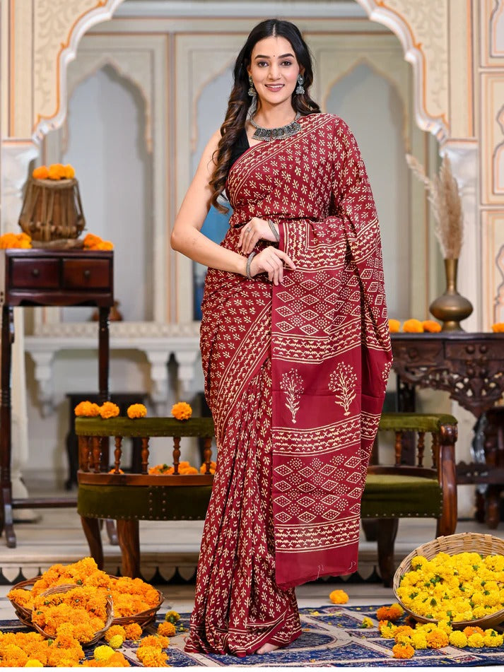 Maroon Mulmul Cotton Saree