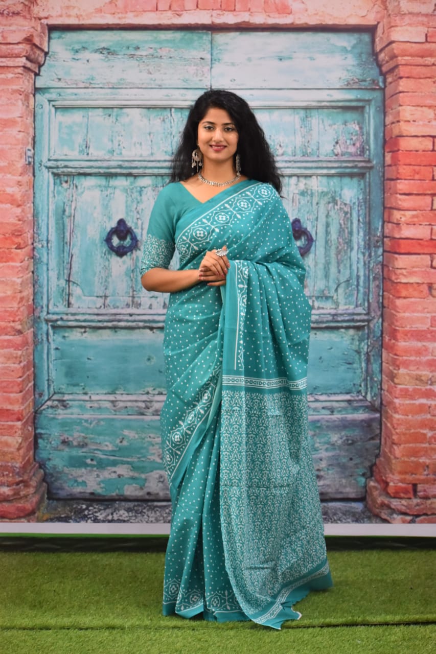 Marine Blue Mulmul Cotton Saree