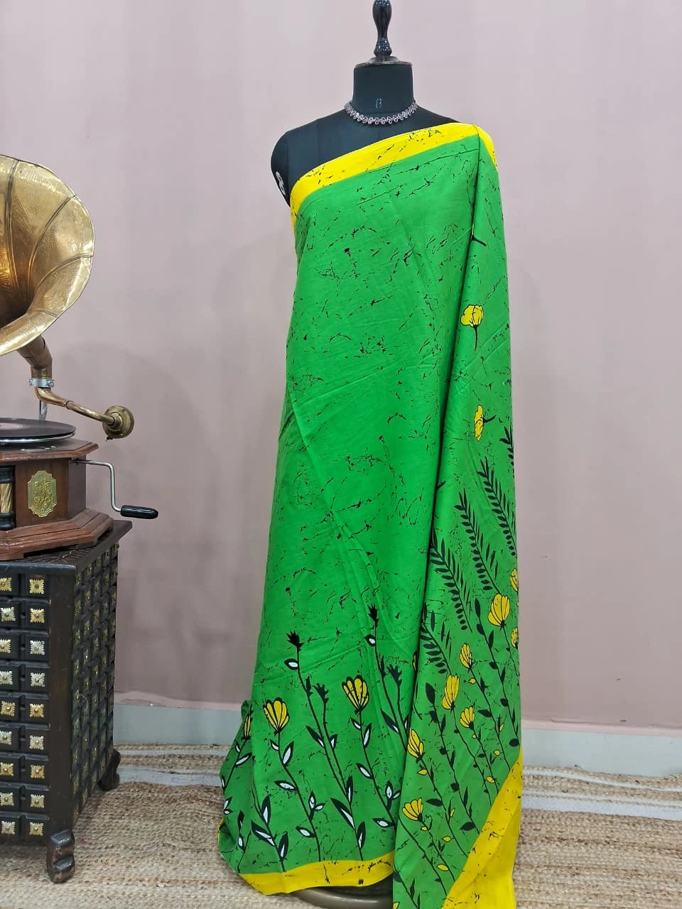 Meadow Green & Sunshine Yellow Floral Mulmul Cotton Saree 