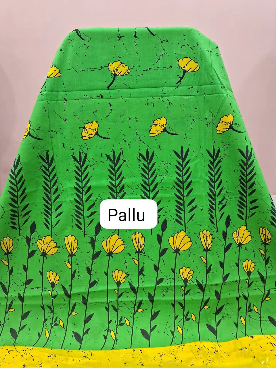 Meadow Green & Sunshine Yellow Floral Mulmul Cotton Saree pallu