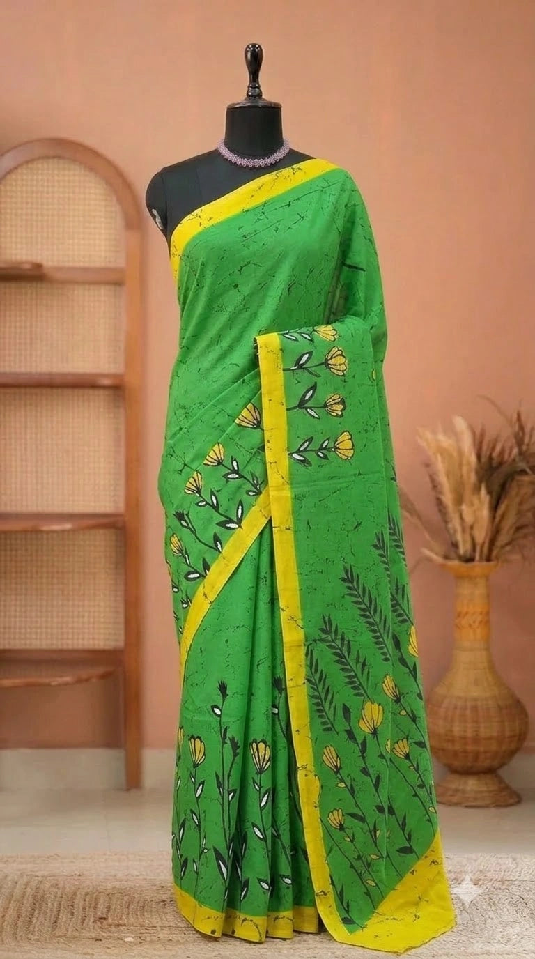 Meadow Green & Sunshine Yellow Floral Mulmul Cotton Saree 