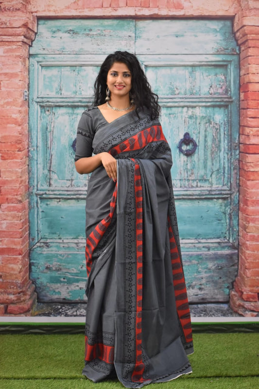 Elephant Grey Mulmul Cotton Saree 