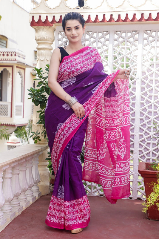 Purple Mulmul Cotton Saree