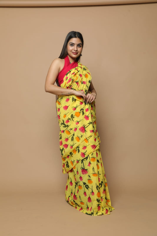 Yellow Mul Mul Cotton saree 