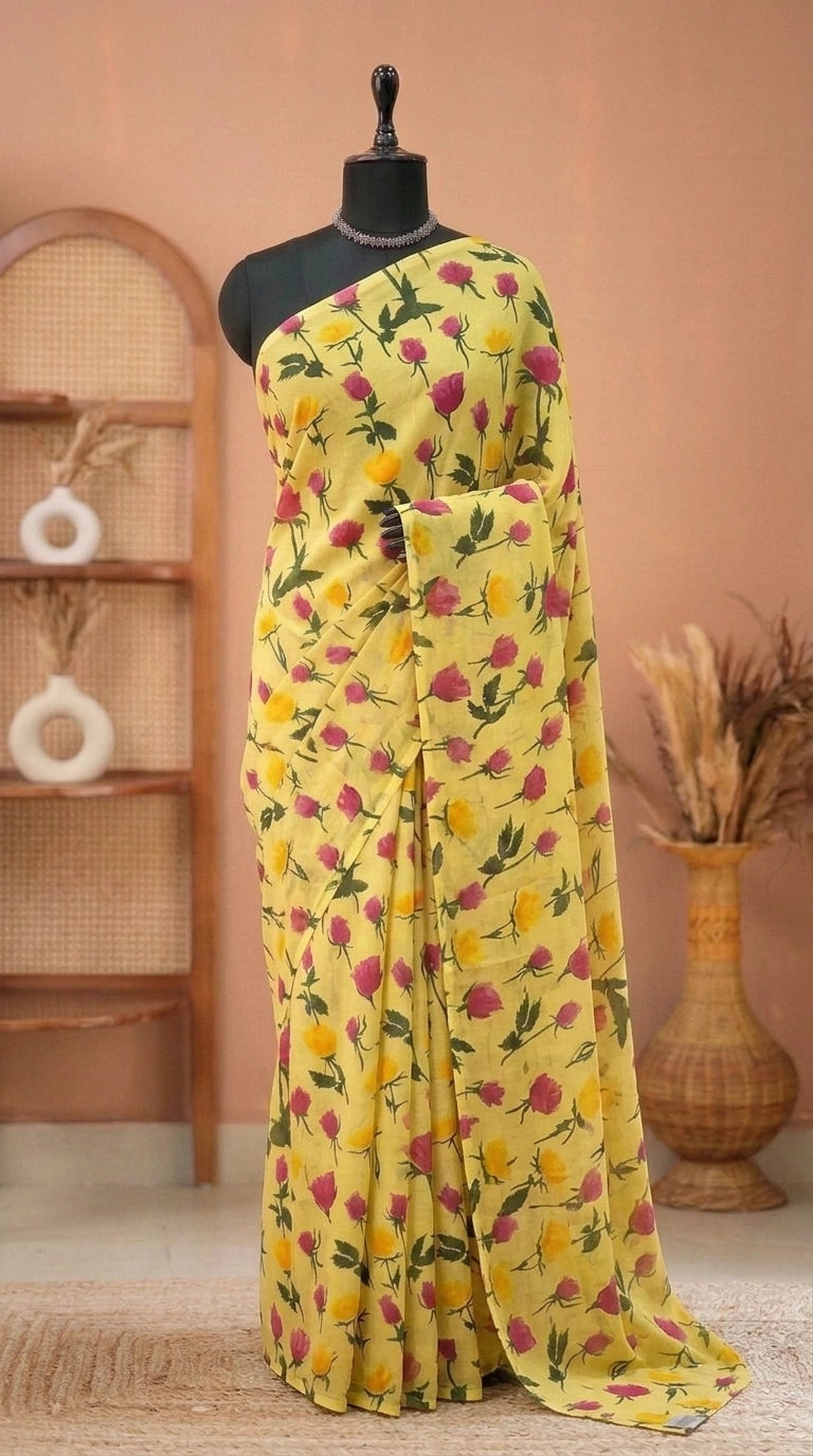 Yellow Mul Mul Cotton saree 