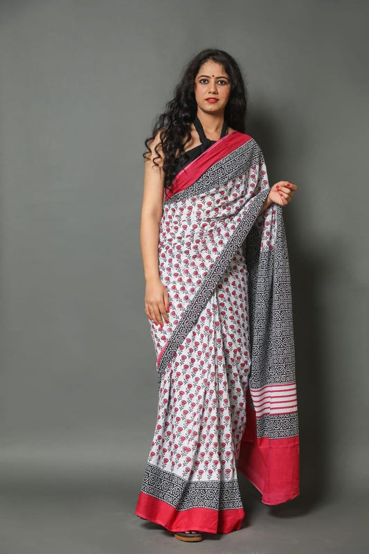 White Mulmul Cotton Saree 