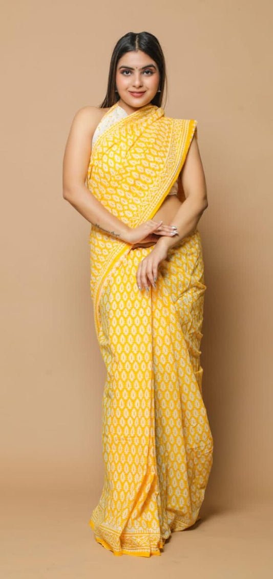 Mango Yellow Mulmul Cotton Saree