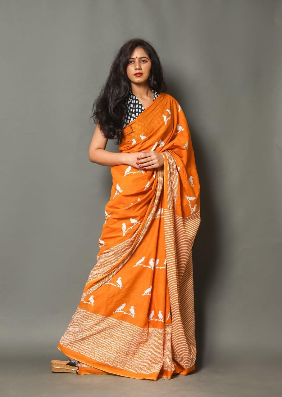 Orange Mulmul Cotton Saree 