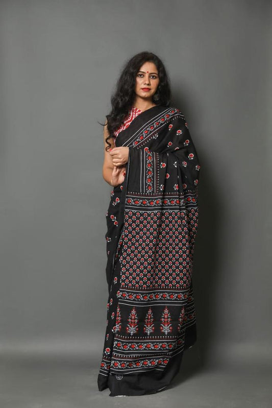 Black mulmul cotton saree