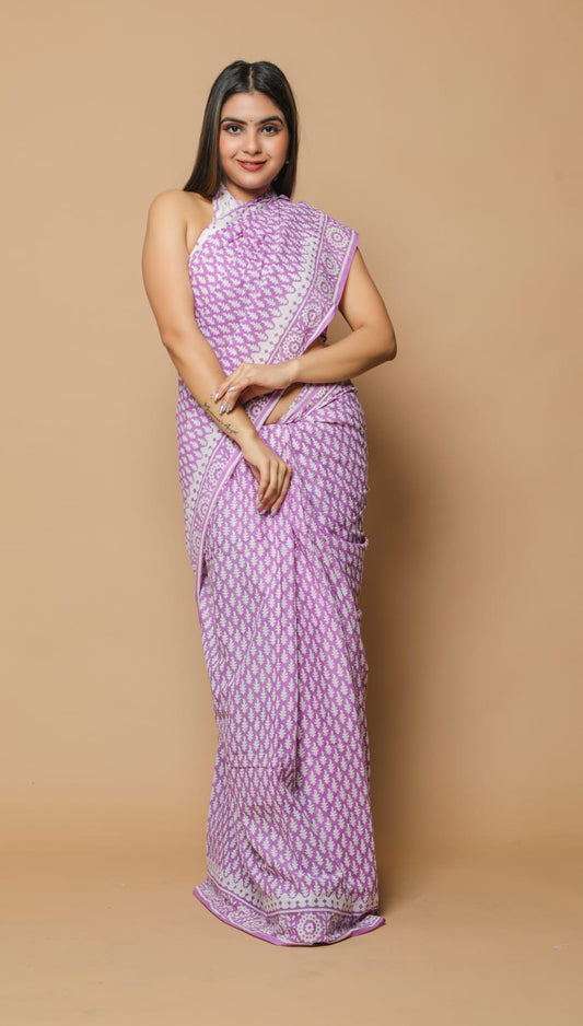 Lavender Mulmul cotton Saree