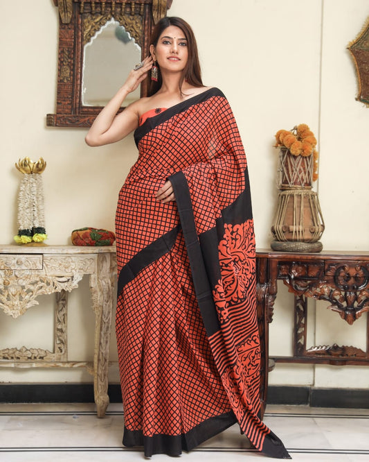 Brick red Mulmul Cotton Saree