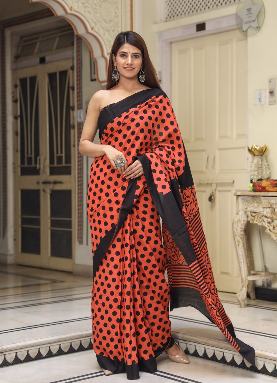 Dark Peach Mulmul Cotton Saree