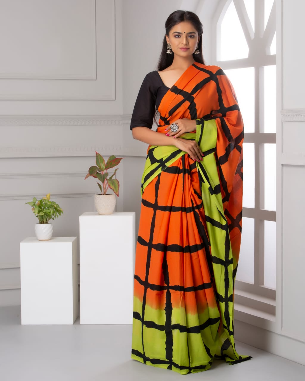 Vibrant Orange Mulmul Cotton Saree for Celebrations
