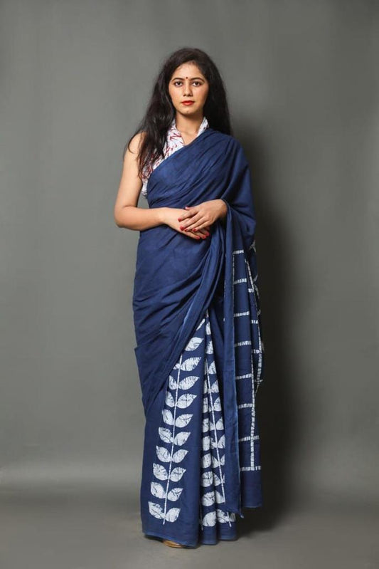 Blue mulmul cotton saree