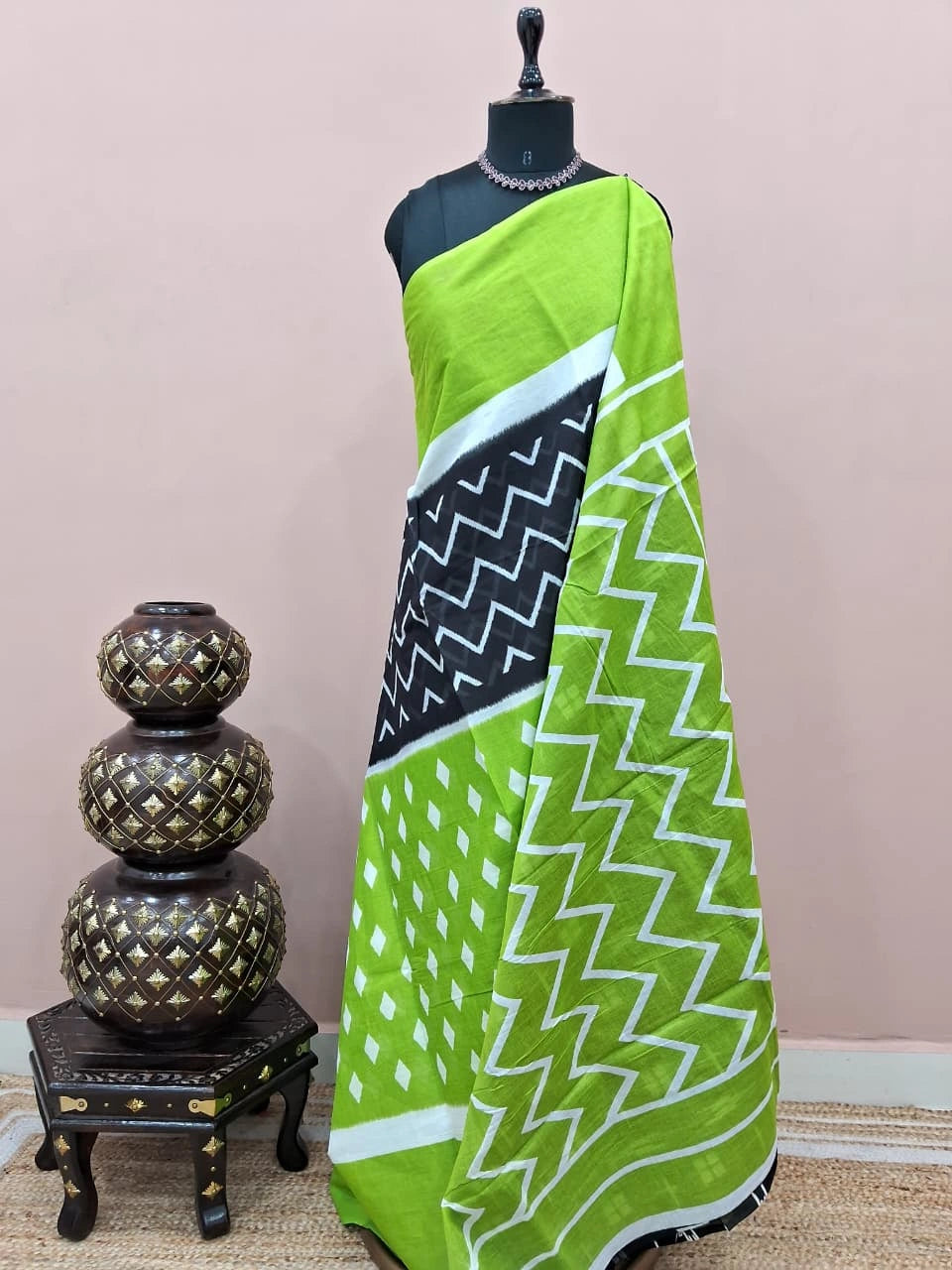 Black Mulmul Cotton Saree with white waves body