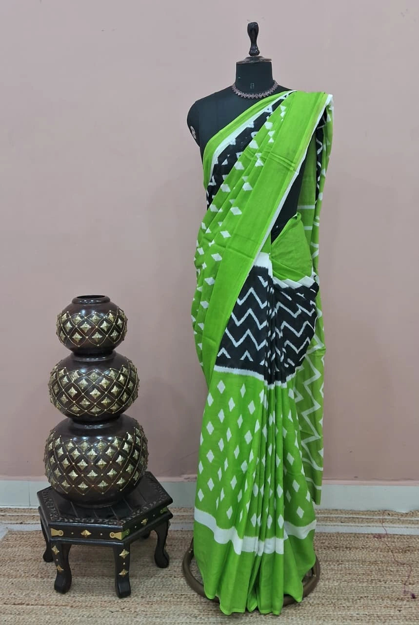 Black Mulmul Cotton Saree with white waves body