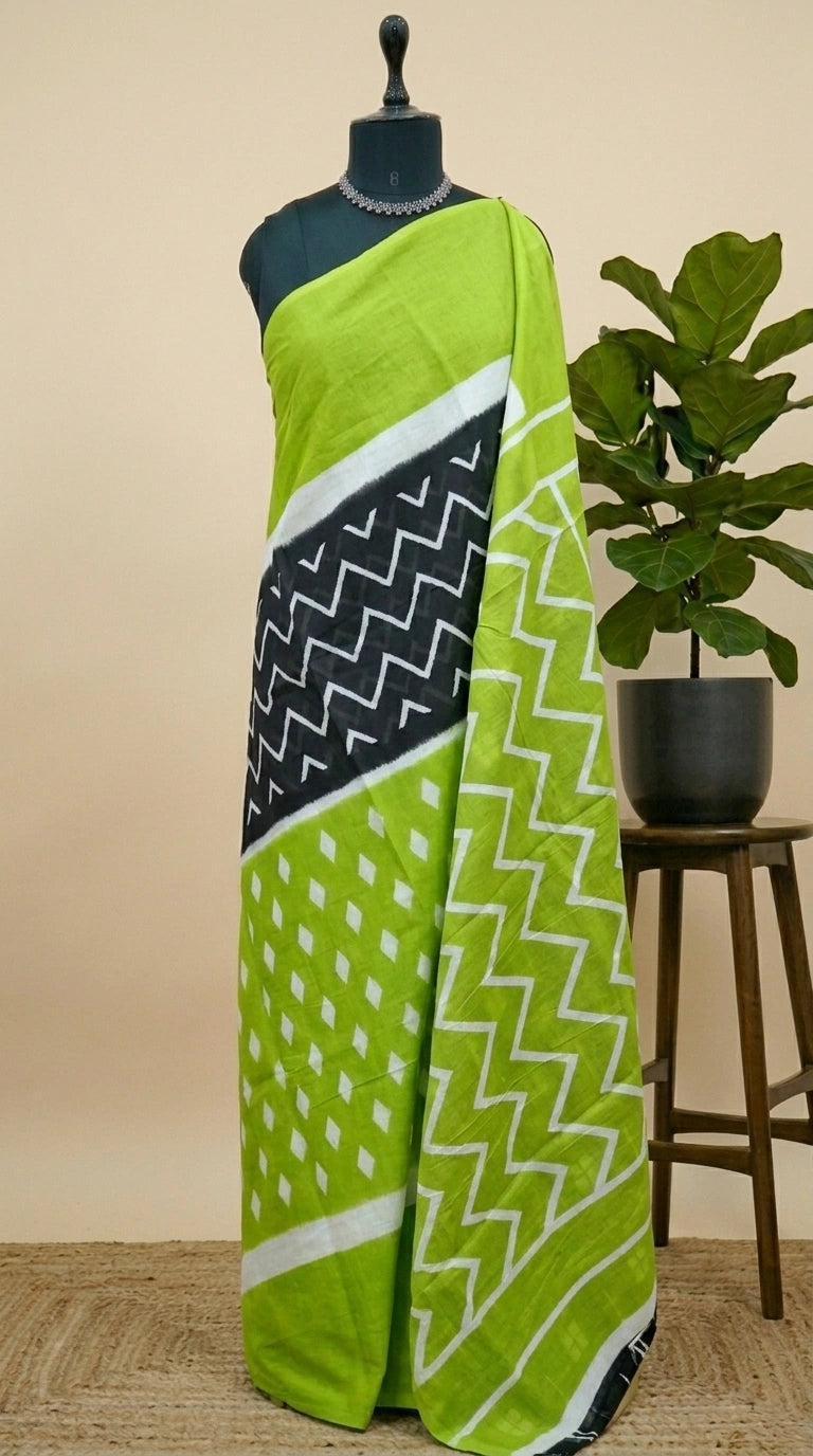 Black Mulmul Cotton Saree with white waves body