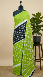 Black Mulmul Cotton Saree with white waves body