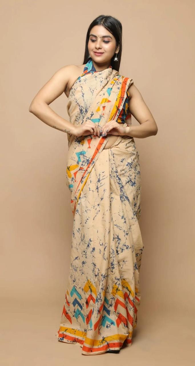 Beige Mulmul Cotton Saree