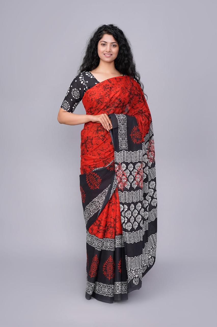 Fire Red Mulmul Cotton Saree