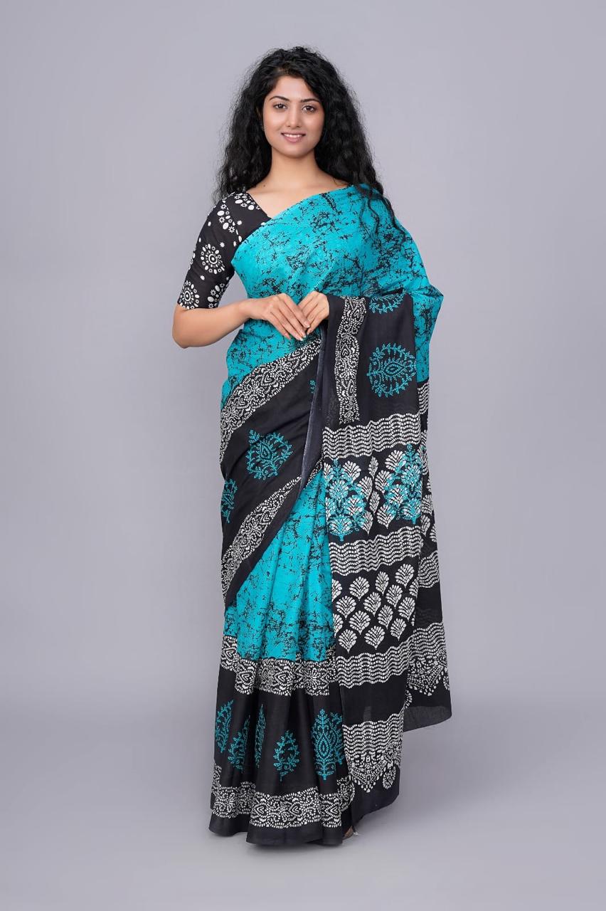 Caribbean Blue Mulmul Cotton Saree