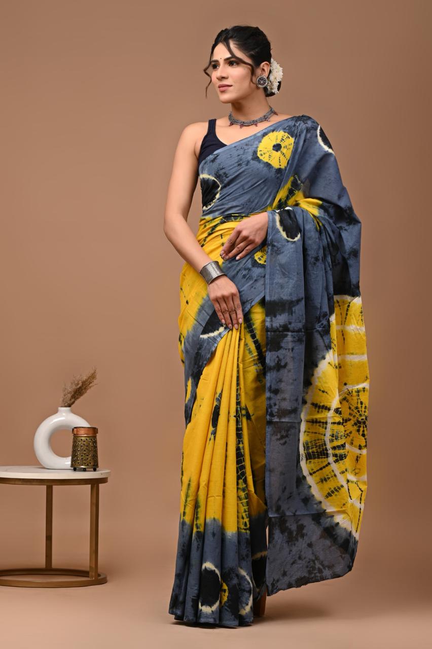 Yellow with Elephant grey shibori printed mulmul cotton saree 