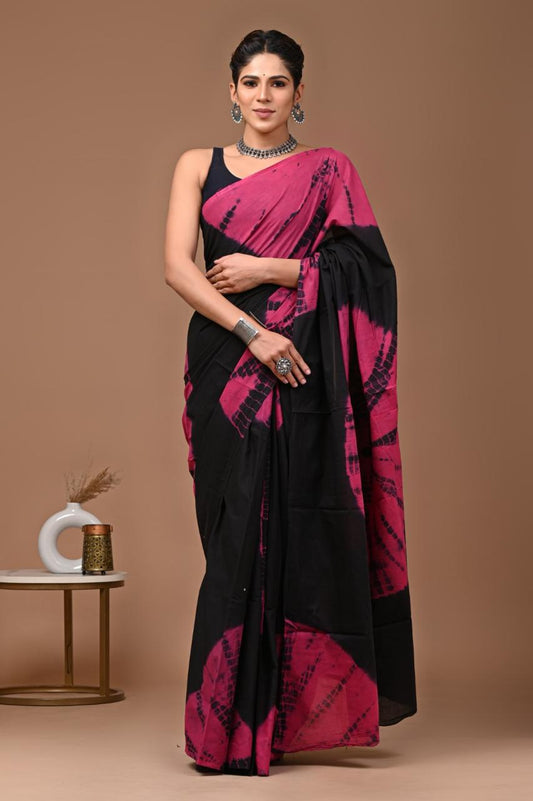 Black with Pink shibori printed mulmul cotton saree