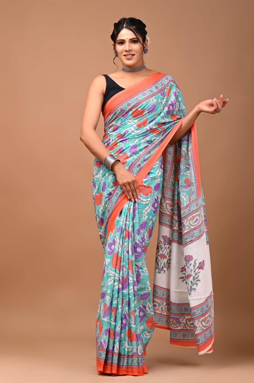 Sky Blue Mulmul Cotton Saree