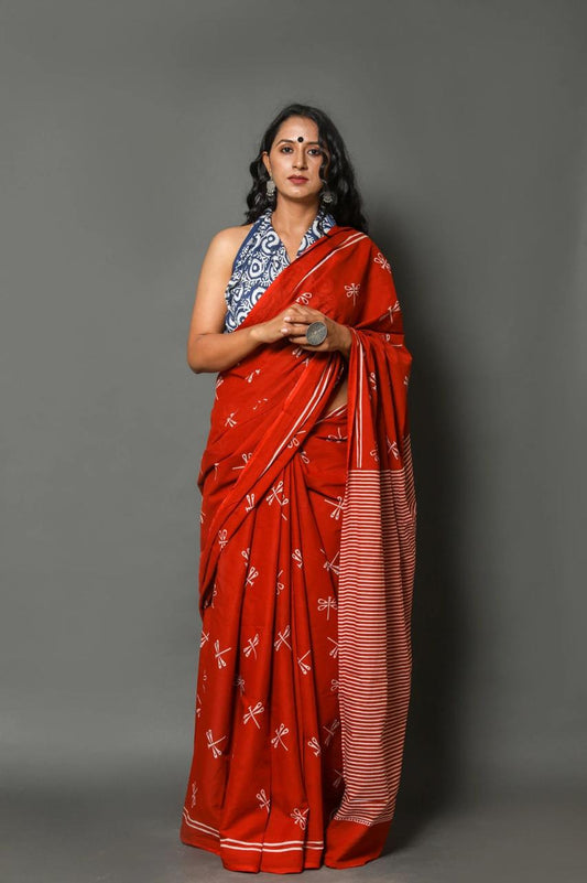 Red Mulmul Cotton Saree