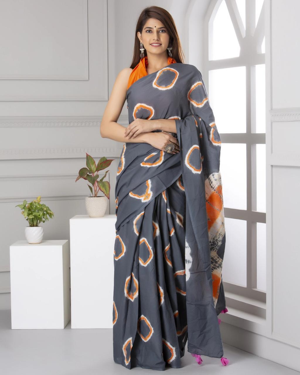 Metal Grey Mulmul Cotton Saree