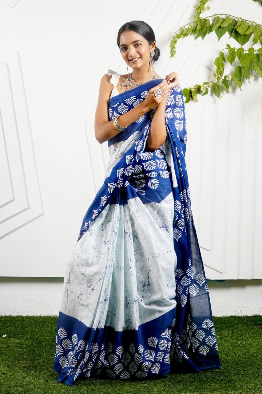 White with blue shibori printed mulmul cotton saree