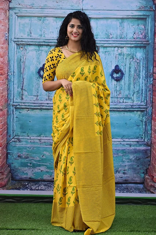 Mango Yellow Mulmul Cotton Saree