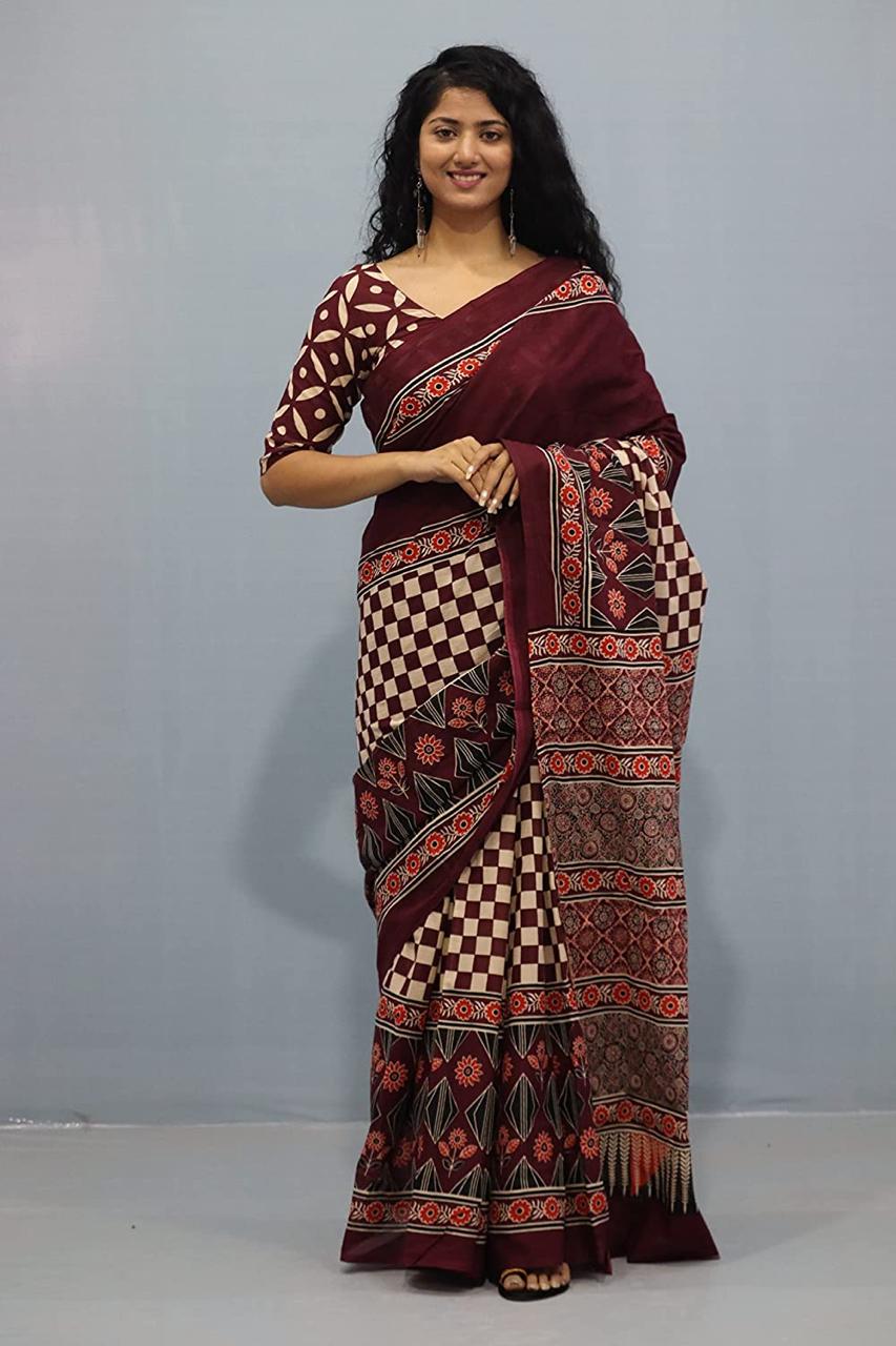 Walnut Brown Mulmul Cotton Saree