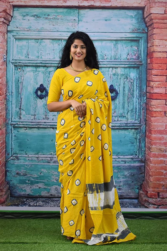 Yellow Mulmul Cotton Saree