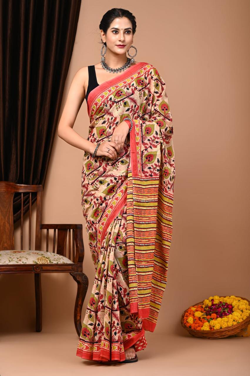 Peach Mulmul Cotton Saree