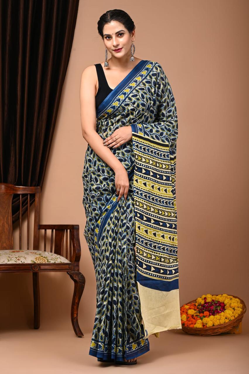 Baby Blue Mulmul Cotton Saree