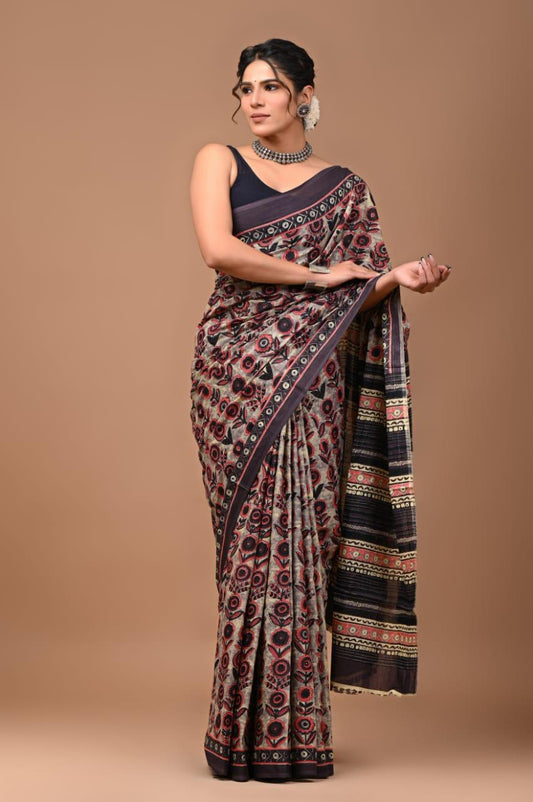 Beige Mulmul Cotton Saree