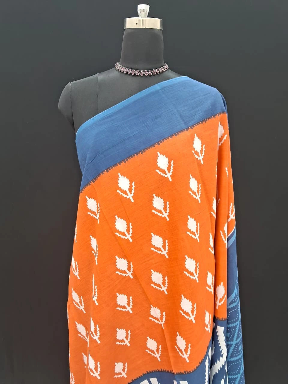 Vibrant Orange & Navy Blue Ikat Print Mulmul Cotton