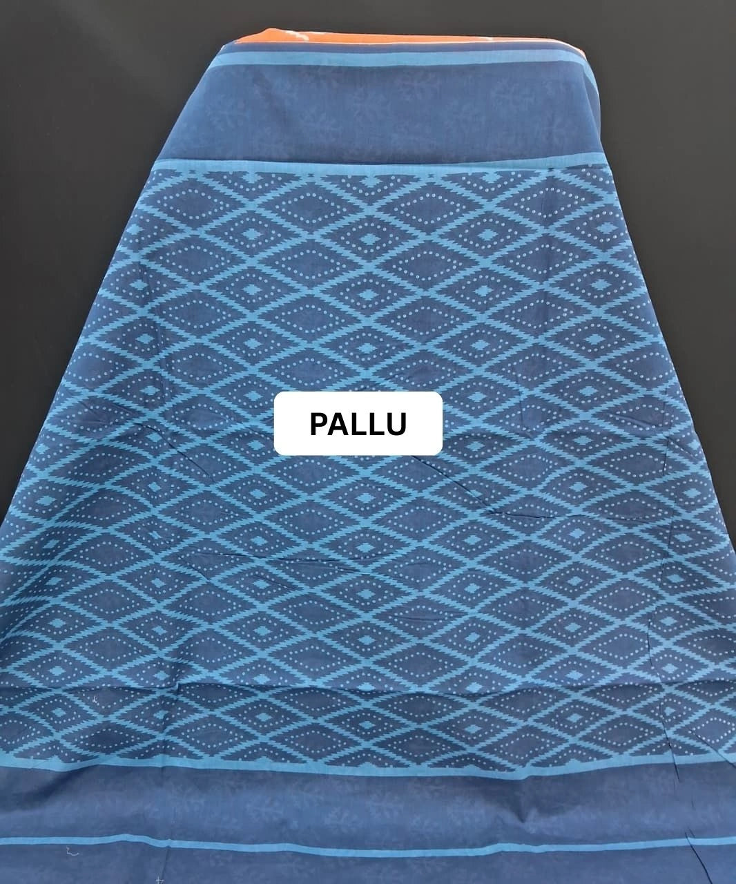 Vibrant Orange & Navy Blue Ikat Print Mulmul Cotton Saree pallu