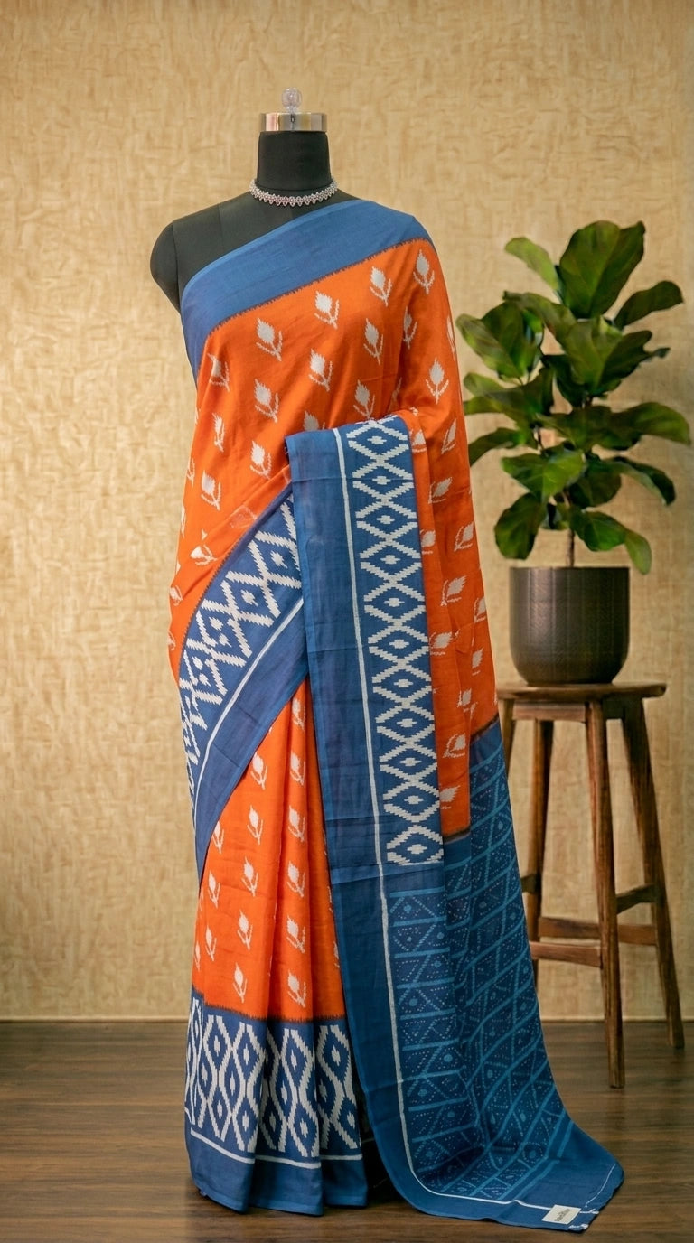 Vibrant Orange & Navy Blue Ikat Print Mulmul Cotton Saree