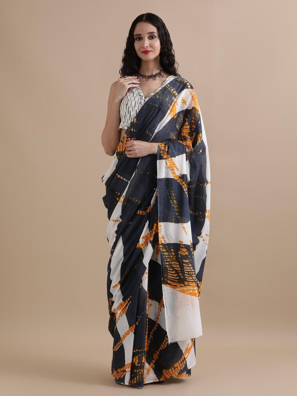 White,Elephant Grey and orange shibori printed mulmul cotton saree