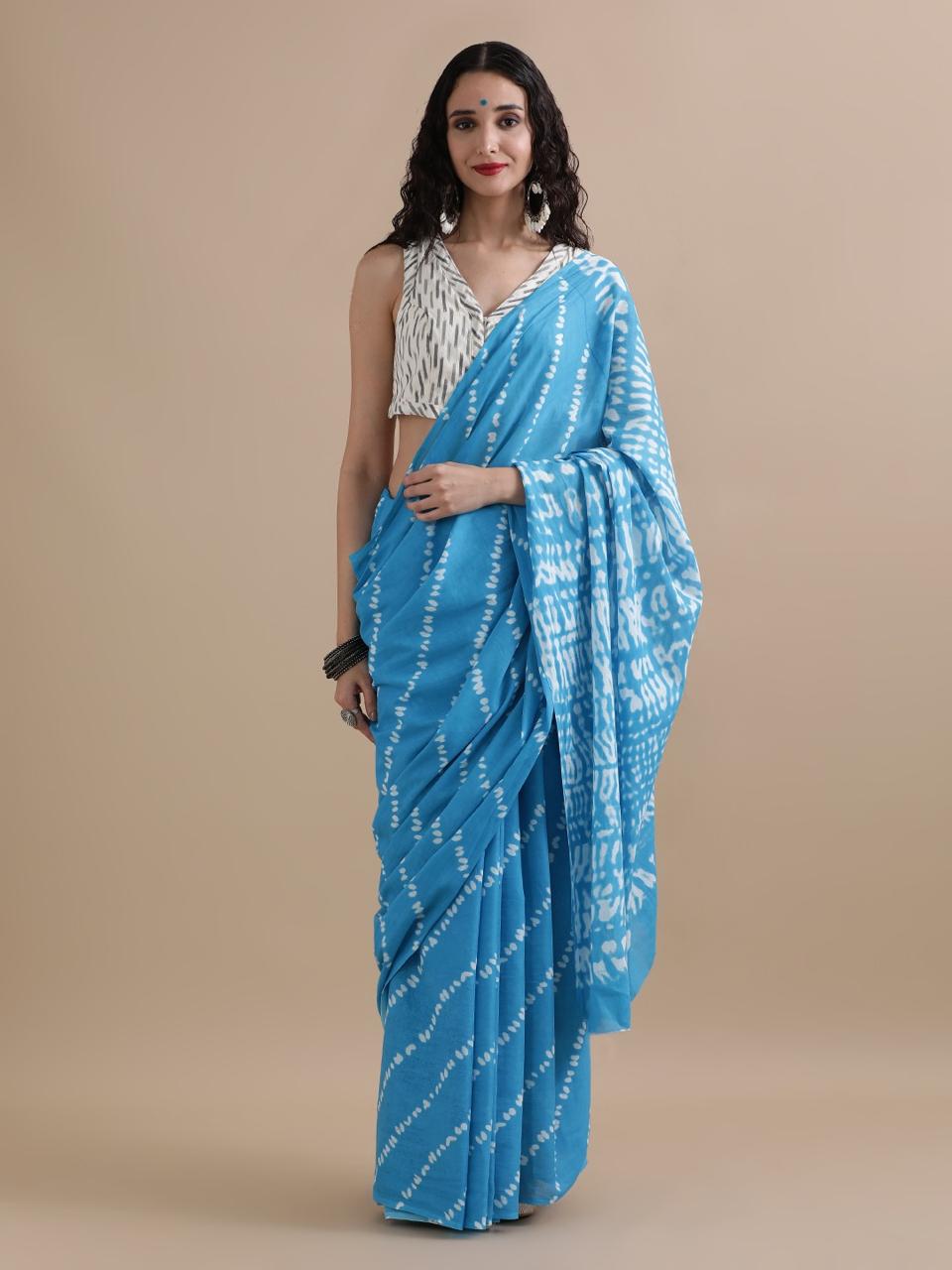 Caribbean Blue Mulmul Cotton Saree