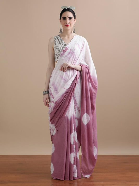 White with Onion Pink shibori printed mulmul cotton saree