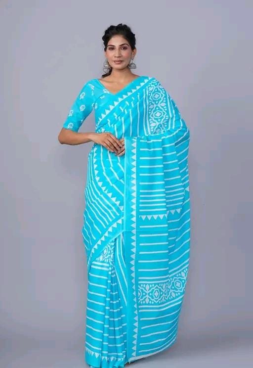Aqua Blue Mulmul Cotton Saree